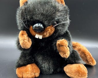 Vintage Beaver Hand Puppet Plush Toy Brown Black Woodland Animal Korea Stuffed Puppet 80s 90s Kids Toy Storytime Cabin Decor