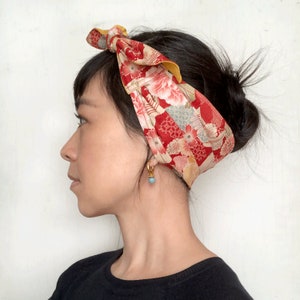 Kimono fabric headscarf, Japanese fabric headband, head scarf, Red, Crane, Ribbon head wrap, Beach headband, kerchief