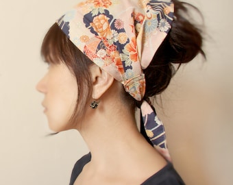 Japanese fabric headband, Hair Care Wraps, Kimono fabric, Tie Hair scarf, Cotton Kimono print Navy, Pink, floral, alopecia scarf, headband,