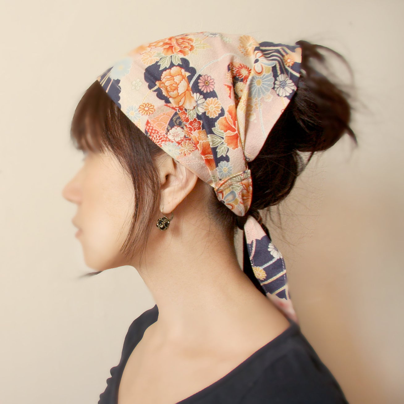 Japanese Kimono Print Fabric Headband: Cotton Peach Pink Navy Tie