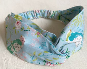 Twisted Cotton Headband: Bird Print Baby blue Boho Style
