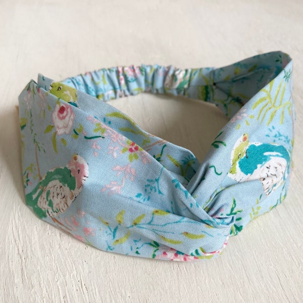 Headband, twisted, cotton, Bird, Spring headband, Summer headband, beach, Baby blue, boho headband, gift for her, Parakeet