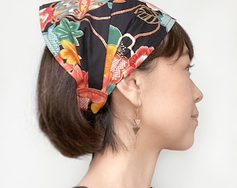 Head scarf, Japanese fabric headband, Hair Loss Alopecia, chef hat, black red flower head wrap, Mari print, head wrap, tie head scarf,