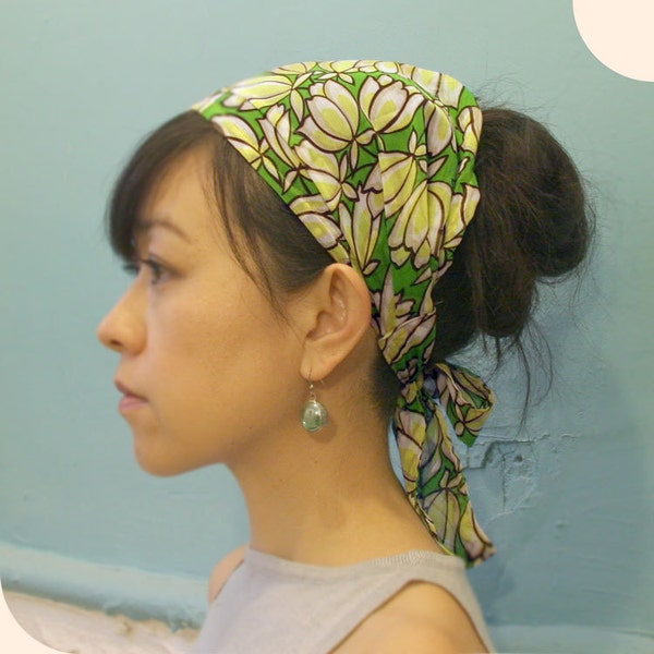 Sale, Head scarf, Yellow Flower, Green, Summer head wrap, Spring headband, Woman head wrap, lady headscarf, ribbon headscarf