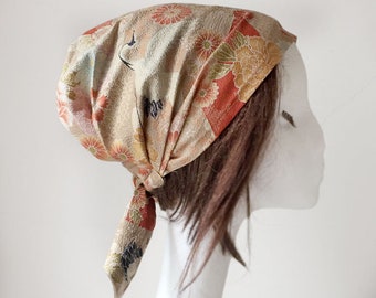 Japanese kimono Fabric head covering, chemo scarf, Surgical cap, Sand, crane, cooking head scarf, headwrap, Hair Loss Alopecia
