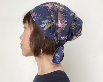 Head covering scarf, Cooking scarf, surgical hat, Navy, flower, Birds, chef hat, head wrap, Beach scarf, Hair care item, fashion scarf