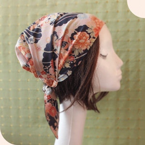 Head covering scarf, Japanese Fabric headband, kimono headband, Peach Navy, cooking head scarf, Alopecia scarf, chemo scarf, Nurse cap