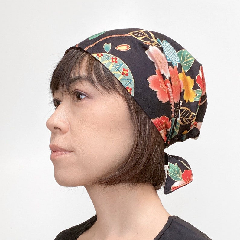 Head cover scarf, Japanese Kimono Print, surgical hatChemo scarf, Floral, Gold, chef hat, Nurse cap, Kimono head wrap, Hair Loss Alopecia image 5