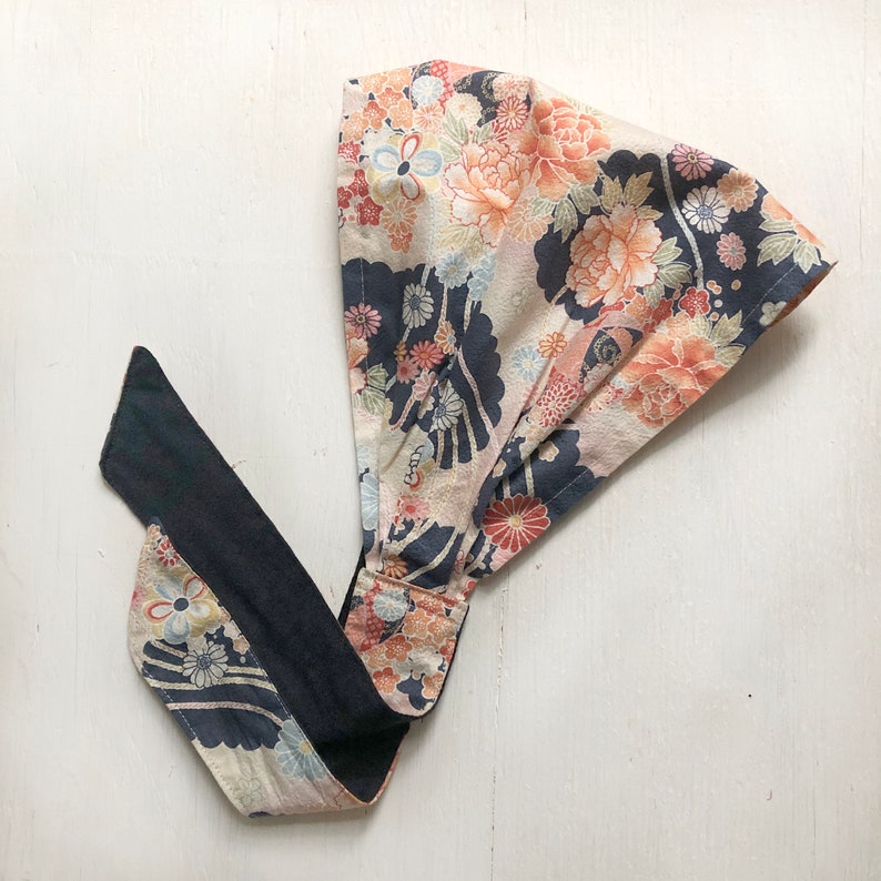 Japanese fabric Head scarf, Ribbon head wrap, Peach Navy Floral head wrap, Beach headband, kerchief, Hair loss Head scarf, head Accessory image 6