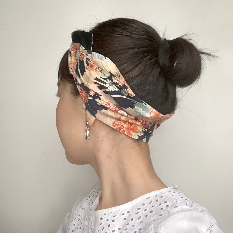 Japanese fabric Head scarf, Ribbon head wrap, Peach Navy Floral head wrap, Beach headband, kerchief, Hair loss Head scarf, head Accessory image 2
