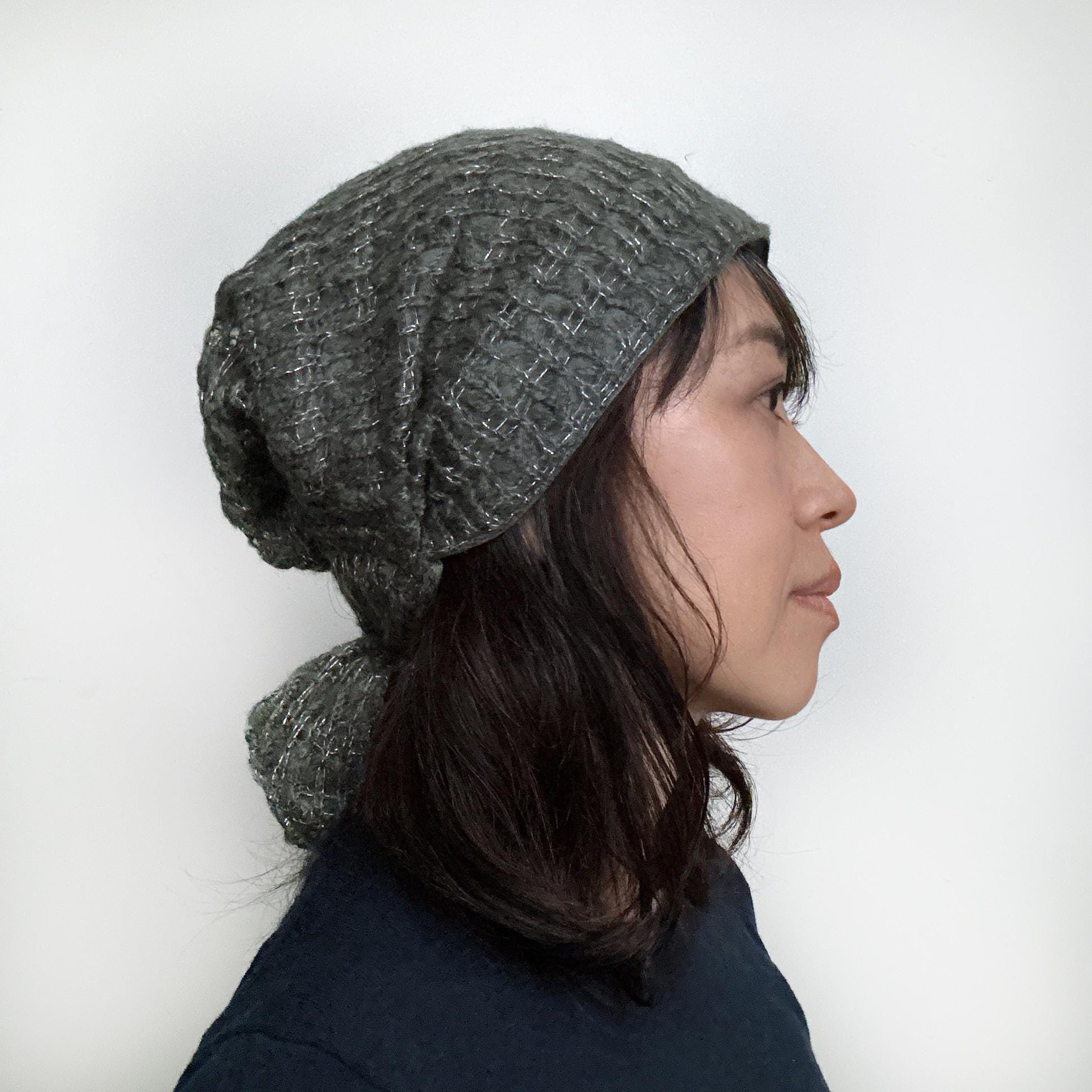 Crochet Wool Beanie: Gray & Silver Metallic Slouchy Hat - Etsy display picture 2