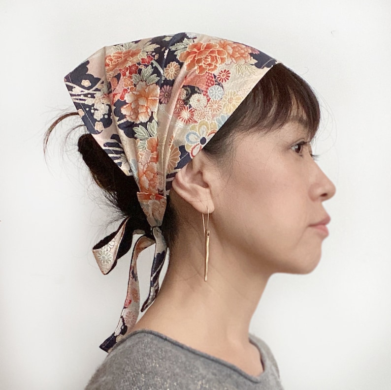 Japanese fabric headband, Hair Care Wraps, Kimono fabric, Tie Hair scarf, Cotton Kimono print Navy, Pink, floral, alopecia scarf, headband, image 7
