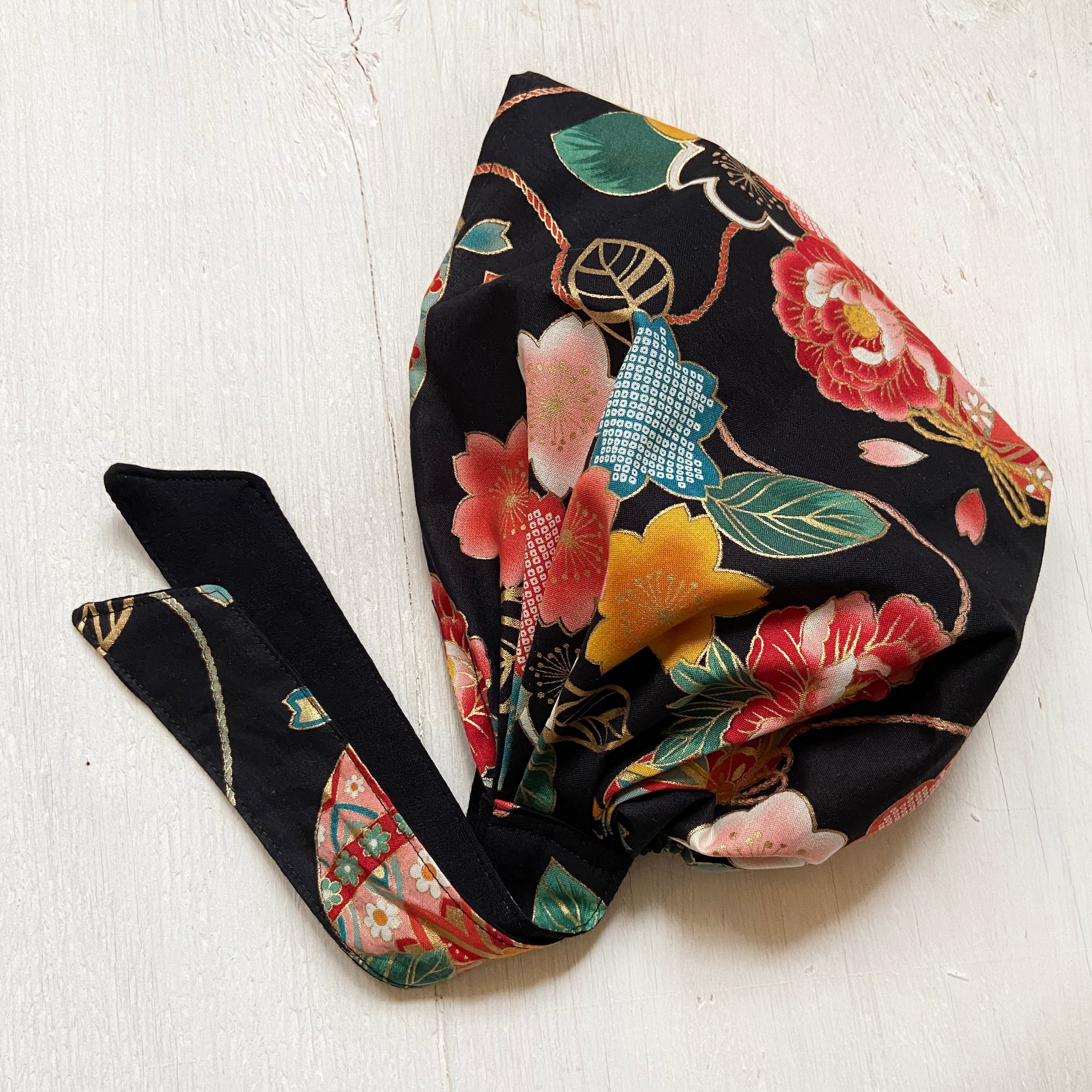 Japanese Cotton Head Scarf: Floral Kimono Print, Chemo