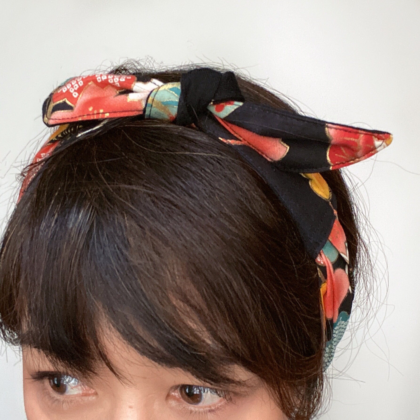 Japanese Cotton Head Scarf: Black Red Floral Print Tie - Etsy