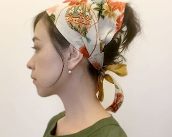 Japanese print cotton white Floral, Kimono Headband, beach, Summer, Spring, Japanese pint headwrap, woman headwrap