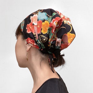 Head cover scarf, Japanese Kimono Print, surgical hatChemo scarf, Floral, Gold, chef hat, Nurse cap, Kimono head wrap, Hair Loss Alopecia image 4