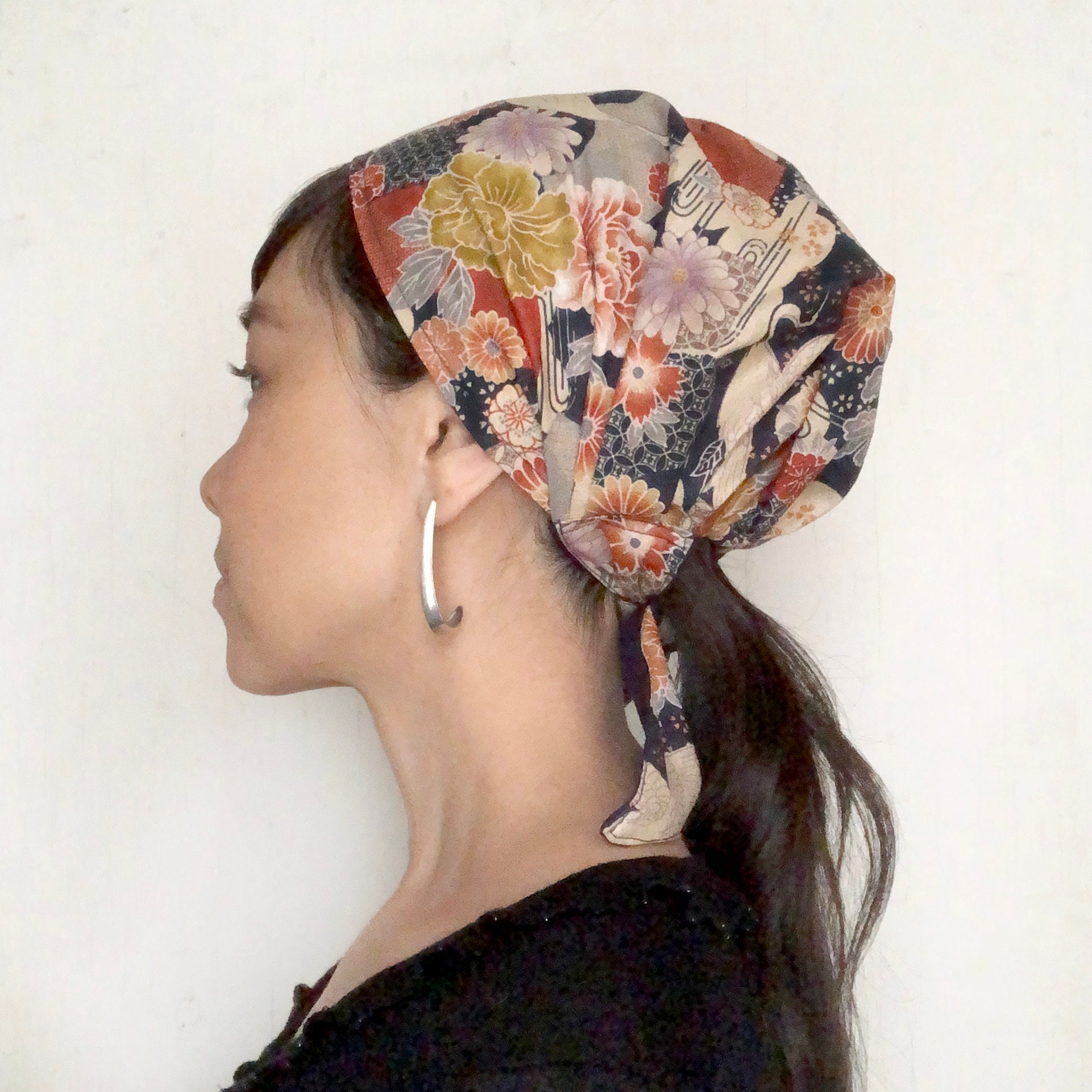 Japanese Kimono Print, Head covering, Navy, flower, Crane, Chemo scar…