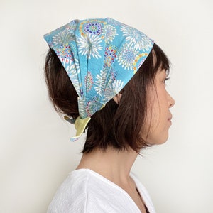 Head scarf, Japanese fabric headband, chef scarf, Fireworks print, head wrap, Hair Loss Alopecia, baby blue