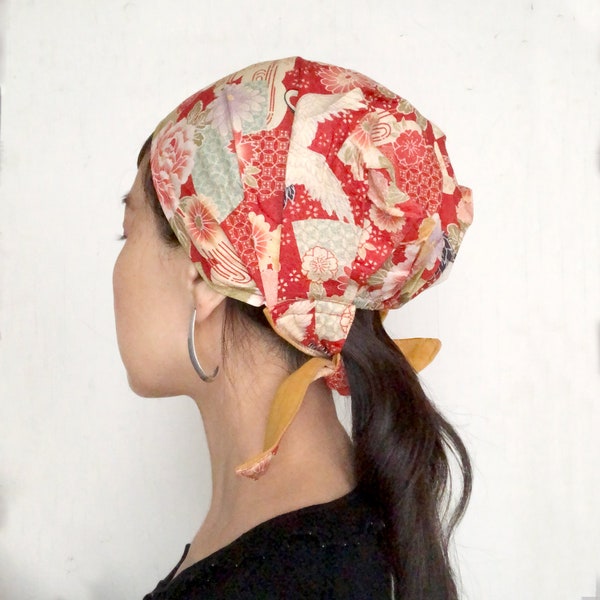 Japanese Kimono Print, Head covering, Red, flower, Crane, Chemo scarf, chef hat, surgical hat, Kimono head wrap, Hair Loss Alopecia, Etsy