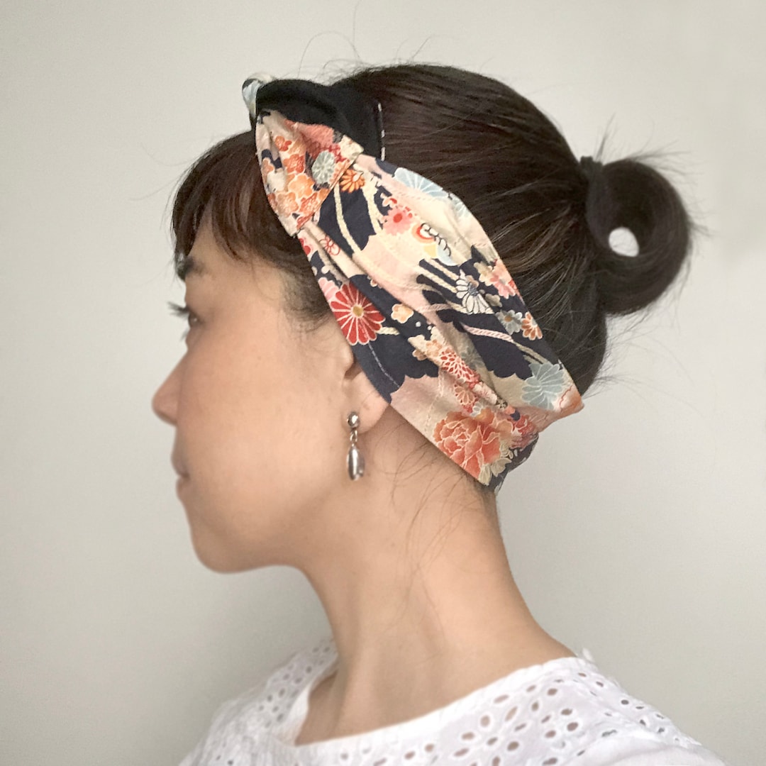Japanese Fabric Head Scarf, Ribbon Head Wrap, Peach Navy Floral Head