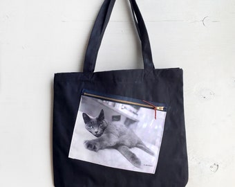 Zipper Pocket Tote Bag, Gray cat,  Shopping bag, Original photo tote, Shopping bag, School bag, Computer carrier Black, Eco tote