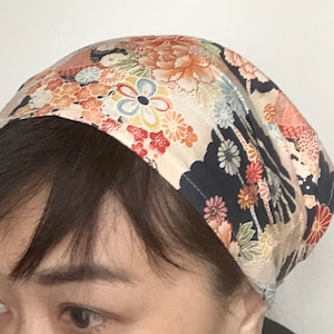 Japanese fabric Head scarf, Ribbon head wrap, Peach Navy Floral head wrap, Beach headband, kerchief, Hair loss Head scarf, head Accessory image 5