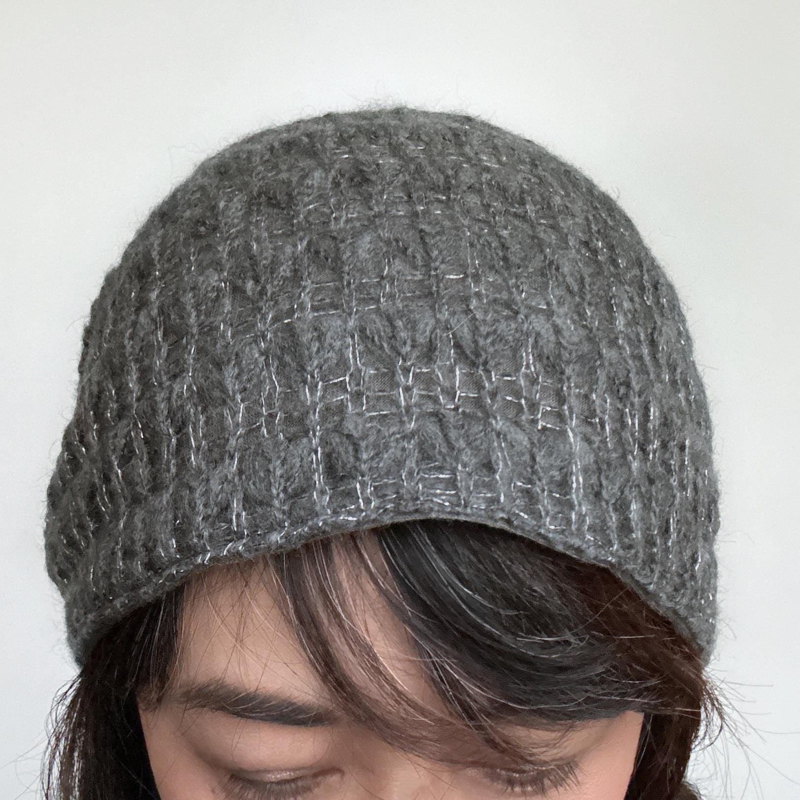 Women\'s Crochet Knitted Style Beanie Slouchy Hat Silver Crochet Wool Beanie: Gray & Silver Metallic Slouchy Hat - Etsy main image 2