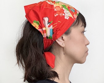 Head scarf, vintage kimono headband, Red, Japanese fabric, Head wrap, fashion Accessory, Vintage kimono fabric, cooking scarf, chef scarf