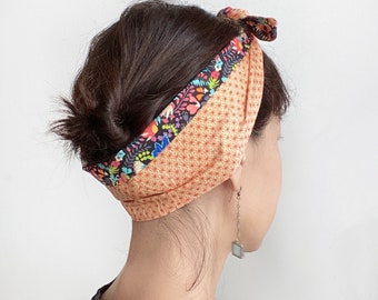 Head scarf, Vintage kimono fabric, Reversible, Peach Orange, Black floral, Ribbon head wrap, red, kerchief, Chef hat, mercato headband,