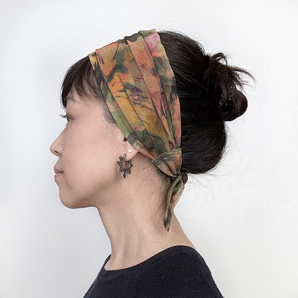 Head scarf, Orange headband, Floral print head wrap, chef hat, Tie yourself,  headscarf for Hair Loss, headband, Orange green floral