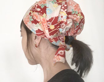 Japanese Fabric headcovering scarf, Red kimono fabric, cooking head scarf, headwrap, Alopecia,  chemo scarf, kerchief, Nurse cap