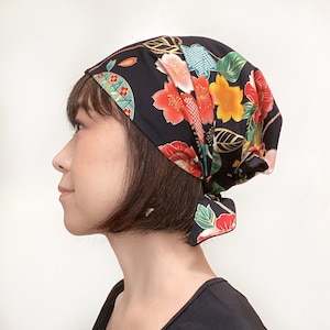 Head cover scarf, Japanese Print, Mari, surgical hatChemo scarf, Floral, Gold,  chef hat, Nurse cap, Kimono head wrap, Hair Loss Alopecia