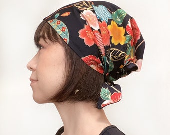 Head cover scarf, Japanese Kimono Print, surgical hatChemo scarf, Floral, Gold,  chef hat, Nurse cap, Kimono head wrap, Hair Loss Alopecia