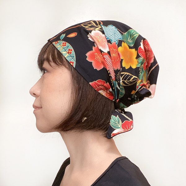 Head cover scarf, Japanese Kimono Print, surgical hatChemo scarf, Floral, Gold,  chef hat, Nurse cap, Kimono head wrap, Hair Loss Alopecia