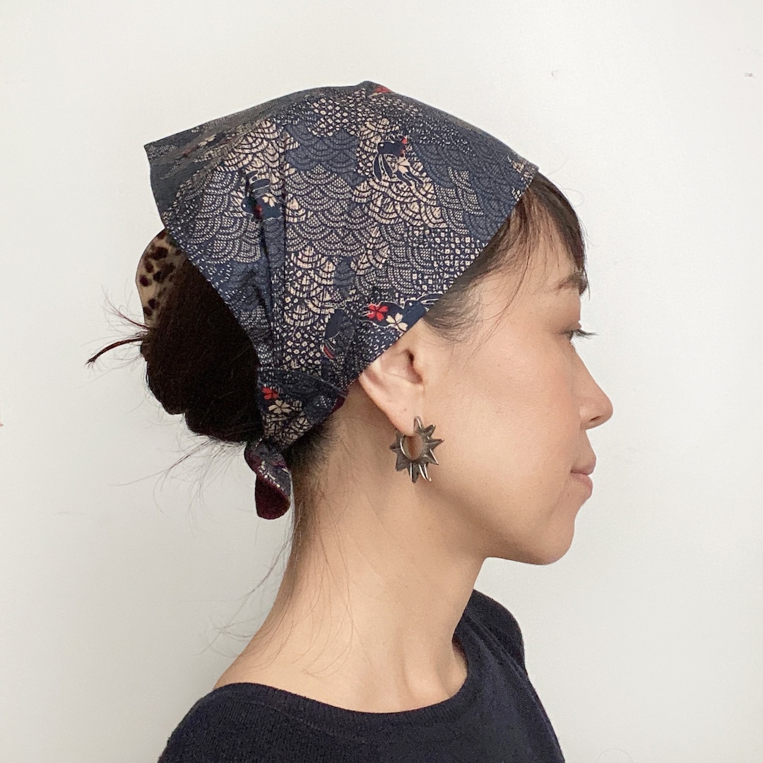 Japanese Cotton Head Scarf: Rabbit Wave Print Hair Wrap, Chef Scarf ...