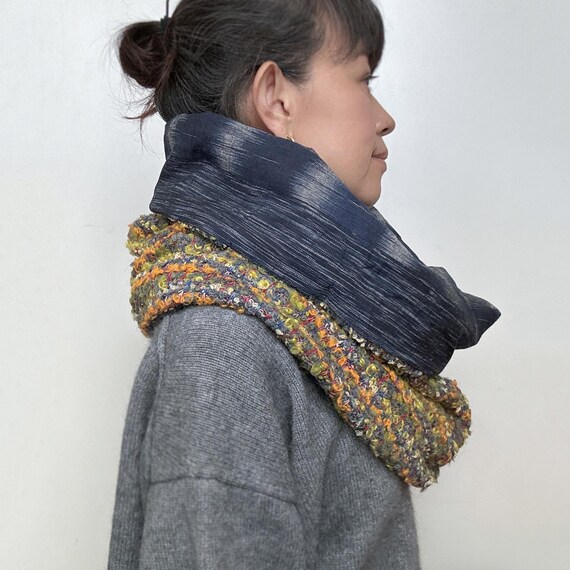 Oversized Wool Infinity Scarf: Yellow, Orange Gray Asian Cotton