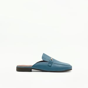 Denim Blue Leather Mules – Effortless Style with Gold-Tone Detail