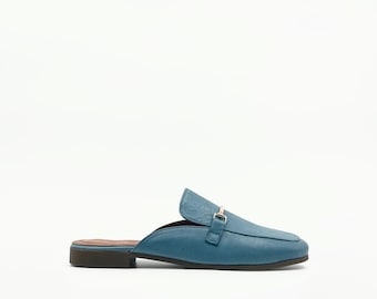 Denim Blue Leather Mules – Effortless Style with Gold-Tone Detail