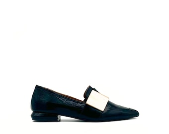 Handmade Black Patent Loafers with Gold Accent – Modern Minimalist Women’s Flat Shoes