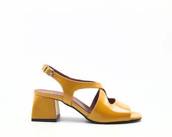 Mustard Yellow Crinkle Patent Leather Slingback Heels, Open Toe Block Heel Sandals