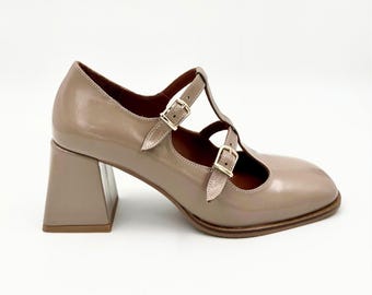 Elegant Leather Block Heel Shoes with Double Straps