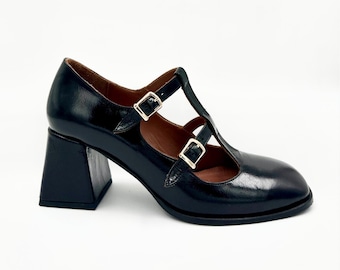 Black Leather Double Strap Heeled Mary Jane – Classic Elegance with a Modern Touch