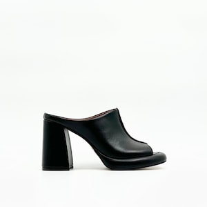 Black Leather Platform Mules – Peep Toe Design with 9cm Block Heel & 2cm Platform