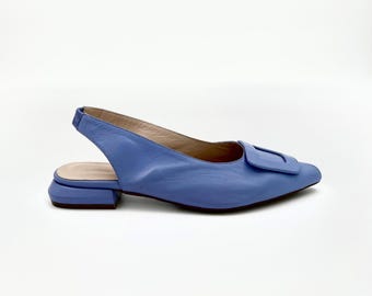 Handmade Blue Leather Slingback Shoes – Elegant & Chic