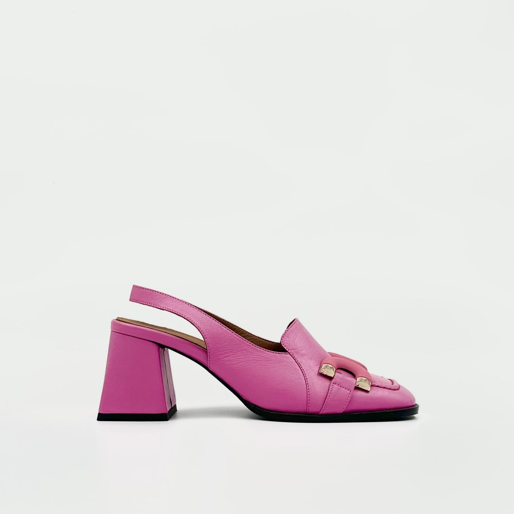 Pink Leather Slingback Heels – Chunky Chain Detail with 6.5cm Block Heel