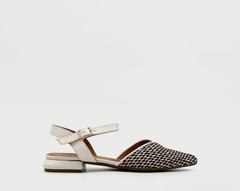 Beige Leather & Woven Fabric Slingback Flats – Chic Textured Elegance