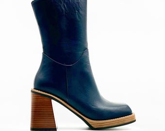 Navy Blue Leather Mid-Calf Boots – Bold Elegance with Retro Flair