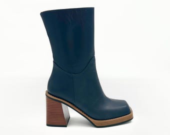 Navy Blue Leather Mid-Calf Boots – Bold Elegance with Retro Flair