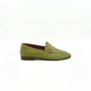 Khaki Green Leather Loafers – Handmade Elegance with Gold Bit Detail