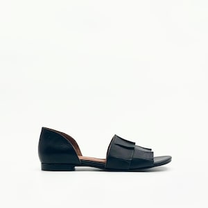 Black Leather Flats – Pleated Front Detail & Open Side Design